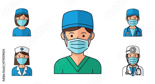 Cartoon Illustrations of Medical Professionals Wearing Protective Masks.