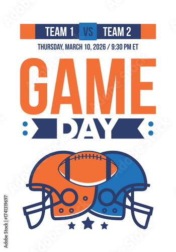 Game Day. American football playoff. Super Party in United States. Final game of regular season. Professional team championship. Ball for american football. Sport poster. Vector illustration