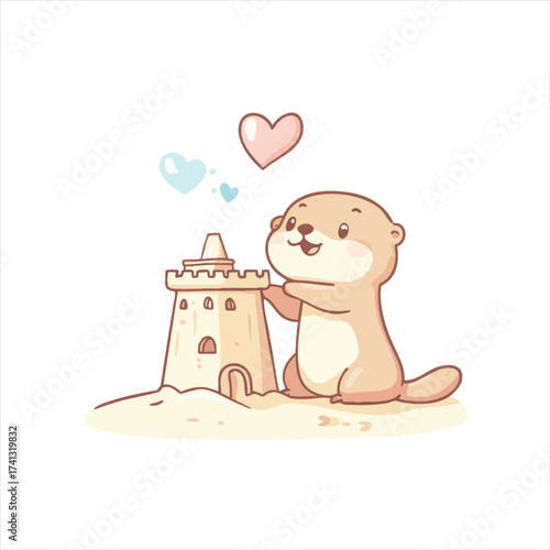 Cute otter building a sandcastle