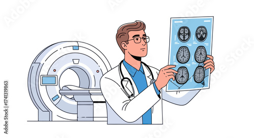 Doctor analyzing brain scans next to a CT scanner.
