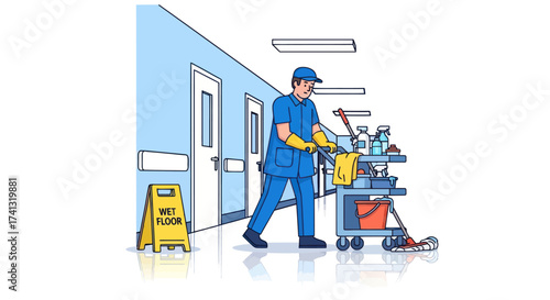 Hospital Cleaner with Cleaning Cart and Wet Floor Sign.