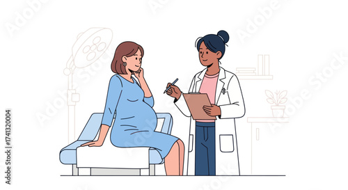 Pregnant Woman Consulting with Doctor in Examination Room.