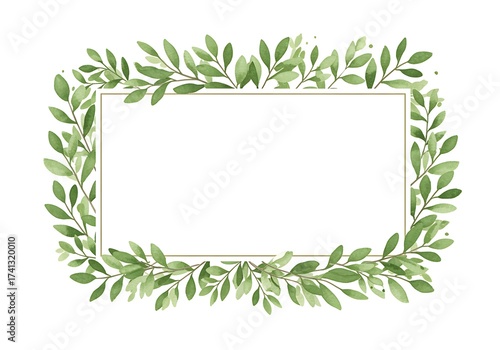 Watercolor green leaves frame with gold rectangle for text