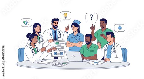 A diverse team of doctors and nurses collaborating and brainstorming during a medical staff meeting.
