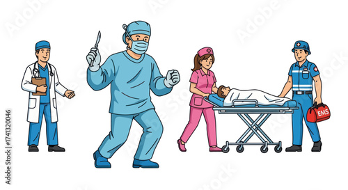 Cartoon Illustration of Medical Professionals in Action.