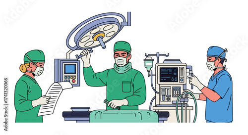 Surgeons in Operating Room with Medical Equipment and Surgical Lamp.