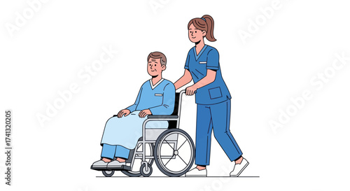 Nurse pushing male patient in wheelchair providing medical care.
