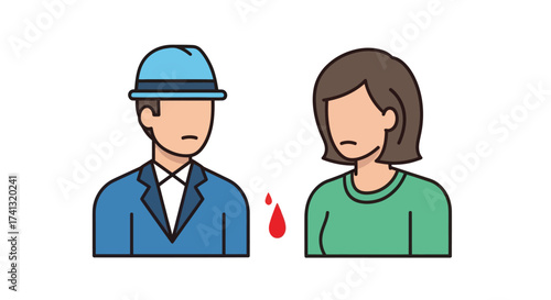 A simple line art illustration of a sad man and woman with a single drop of blood.