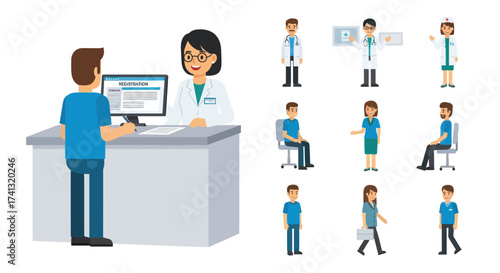 Doctor and Patient at Reception Desk with Computer Screen.