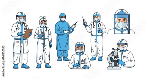 Illustrated collection of doctors and healthcare workers wearing full personal protective equipment PPE hazmat suits.