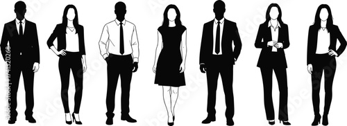 Business people silhouettes, corporate professionals standing, formal attire group illustration, teamwork concept, leadership figures, office colleagues, diversity, success, cooperation