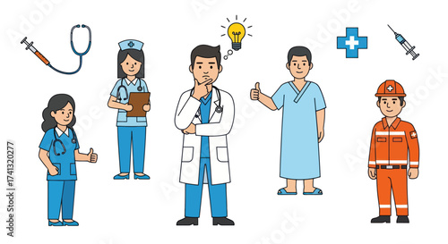 Cartoon Medical Professionals and Emergency Worker Illustrations.
