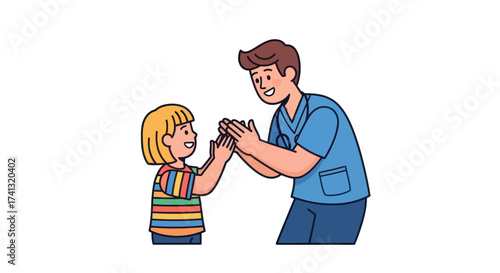 A cartoon illustration of a happy father and child playing a hand-clapping game together.