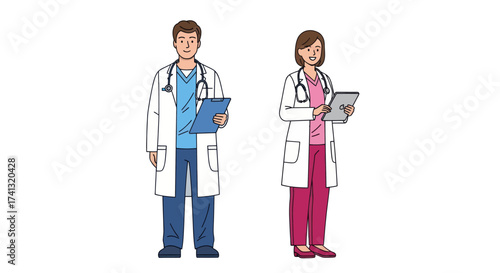 Two doctors male and female wearing white lab coats and stethoscopes holding clipboards and tablets.