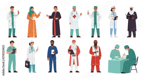 Diverse Group of Medical Professionals in Various Uniforms and Attire.