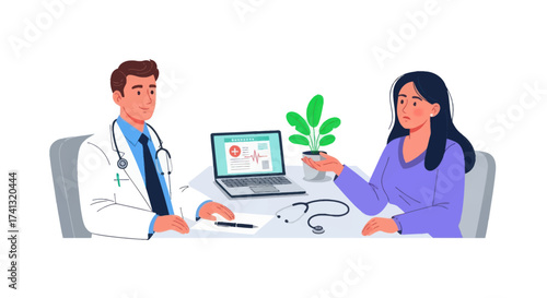 Male doctor in consultation with a female patient holding a plant discussing alternative or natural medicine.