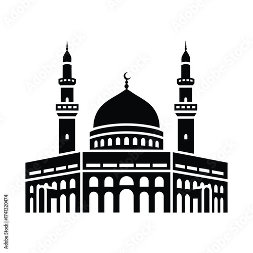 Black mosque silhouette with dome and minarets Islamic