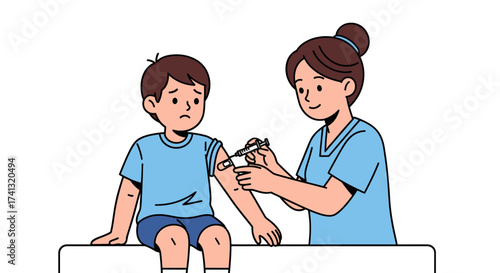 Child receiving vaccination from a nurse in a medical setting.