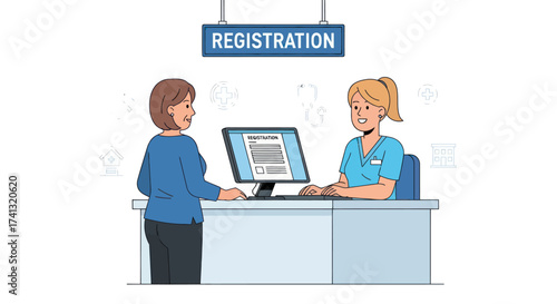 Patient Registers at Hospital Reception Desk.