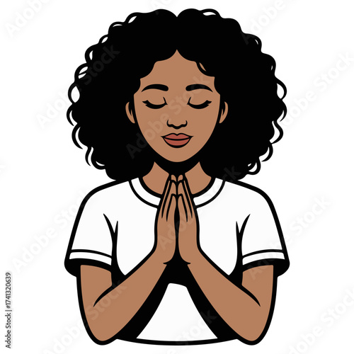 A calm person with hands clasped in prayer, eyes closed in serenity. The woman wears a white top and has dark, curly hair. She embodies peace and quiet contemplation