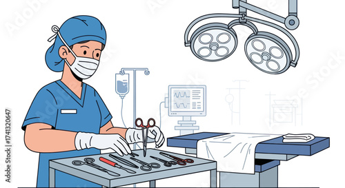 Surgeon preparing surgical tools in operating room wearing mask and gloves.