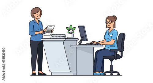 Two women working at a reception desk with a computer and paperwork.