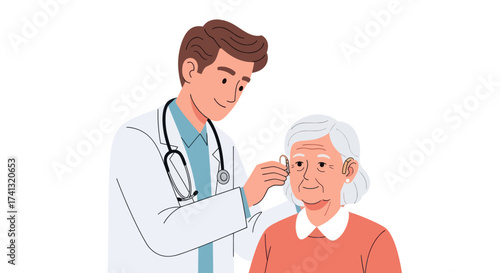 A young male doctor in a white coat examines an elderly womans ear during a medical checkup.