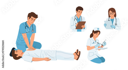 Medical Professionals Performing CPR and Patient Care Illustration.