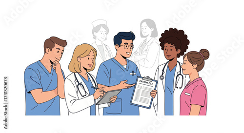 Diverse Medical Team Collaborating Discussing Patient Care.