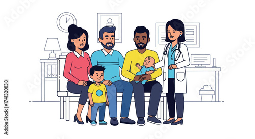 Diverse families with children and a newborn baby meeting a female doctor in a clinic illustration.