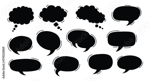 Black speech bubbles and thought clouds comic style