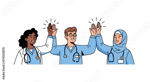 Diverse Medical Team Celebrating Success with High-Five Gesture.