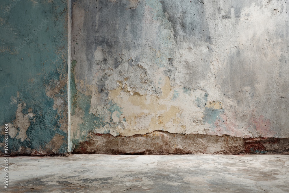 Obraz premium Textured interior scene depicting weathered wall surfaces and a rough floor, with peeling paint