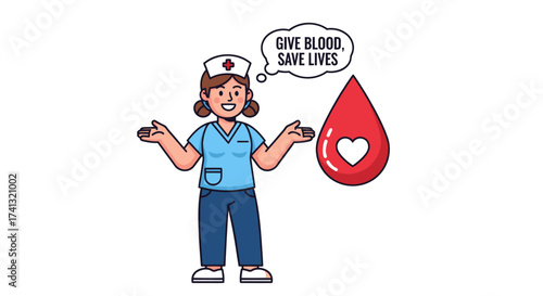 Smiling Nurse with Blood Drop Promoting Blood Donation.