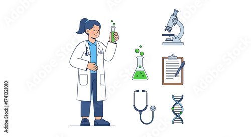 Female Scientist in Lab Coat Holding Test Tube with Scientific Equipment.
