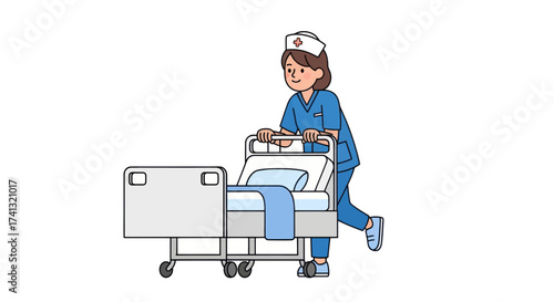 Female Nurse in Uniform Pushing Empty Hospital Bed with Wheels.