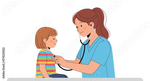 Doctor Examining Child with Stethoscope in Medical Checkup.