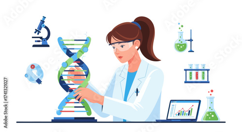 Female scientist in a lab coat and safety goggles analyzing a DNA double helix model in a laboratory.