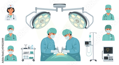 Surgical Team and Equipment in Operating Room Illustration.