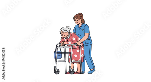 Elderly Woman Assisted by Nurse Using a Walker.