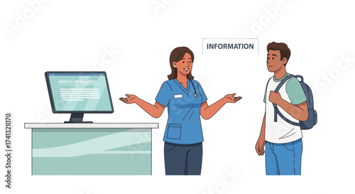A friendly female nurse at an information desk provides assistance to a young male student.