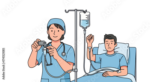 Nurse Administering IV Drip to Patient in Hospital Bed.