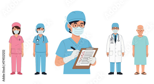 Diverse Medical Professionals and Patient in Uniforms.