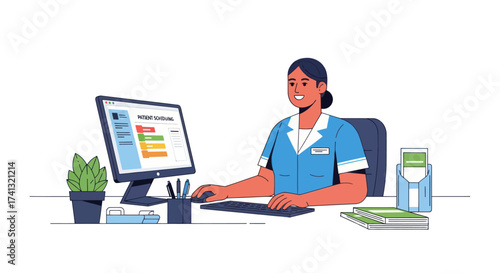 Smiling Nurse Working at Computer in Medical Office.