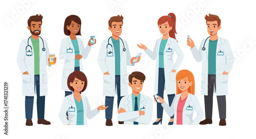 Group of Diverse Doctors and Medical Professionals in White Coats.