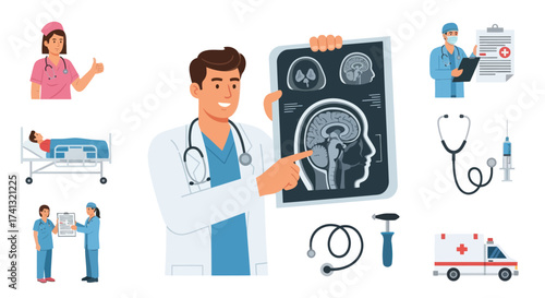 Smiling Doctor Holding and Pointing at Brain X-ray Image.