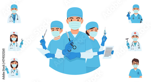 A collection of cartoon doctors nurses and surgeons wearing blue medical uniforms and protective face masks.