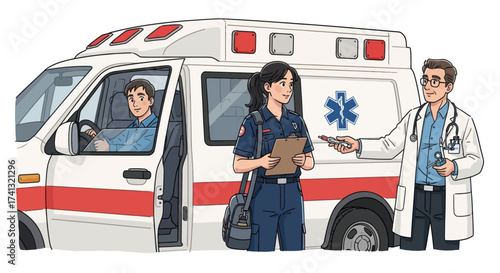 Emergency Medical Team with Ambulance and Healthcare Professionals Illustration.
