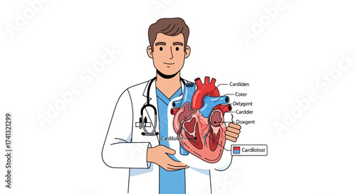 Cardiologist character illustration explaining the anatomy of the human heart with a detailed model.