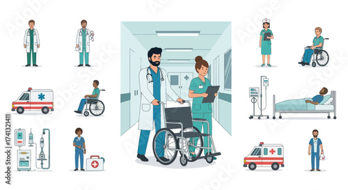 Medical Staff and Equipment in Hospital Setting Including Doctors Nurses and Ambulances.